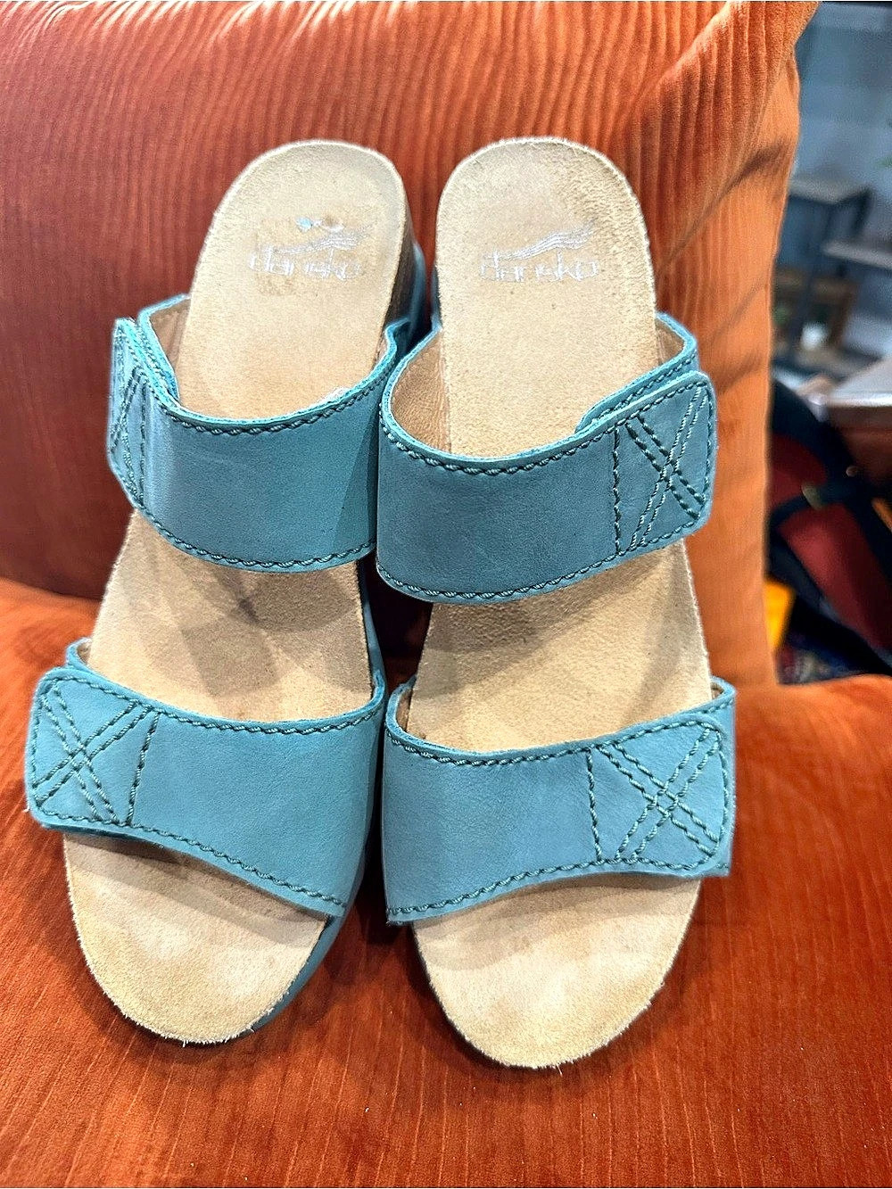 Dansko Tanya Sky Nubuck Wedge Sandals Leather Sandals Blue US 9